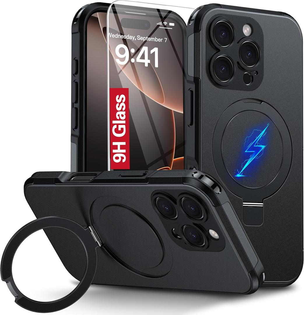 Oterkin Magnetic for iPhone 16 Pro Case Compatible with MagSafe [Foldable Invisible Stand][Tempered Glass Screen Protector & Full Camera Protection] 15FT Military Dropproof Phone Case (Black)
