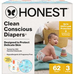 The Honest Company Clean Conscious Diapers for Delicate Skin | Up to 100% Leakproof | Hypoallergenic, Fragrance Free | Summer '25 Limited Edition Prints | Club Box, Size 3 (16-28 lbs), 62 Count