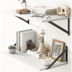 Deep Floating Shelves, 12 Inch Deep Floating Shelves for Wall, 24"W x 12"D Wall Shelves for Books, Rustic White Wooden Shelves, Large Wide Display Shelf for Bathroom, Living Room, Bedroom, Set of 2