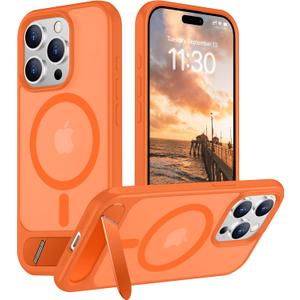 Temdan Magnetic Compatible with iPhone 15 Pro Case, [Built-in Invisible Kickstand][Compatible with MagSafe][Military Grade Shockproof] Slim Translucent Matte Phone Case for iPhone 15 Pro 6.1" (Orange)