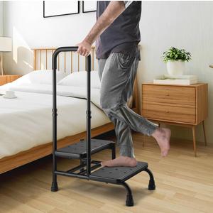 Extra Long Step Stool with Handle for Elderly(22 Inch), Heavy Duty 2 Stepping Stool with Adjustable Handrails for High Beds, Non-Skid Platform Foot Stool for Adults, Seniors, Handicapped (Black)