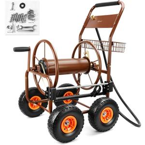 WERMAH Hose Reel Cart with Hose Guide, 4 Wheels Hose Cart, Holds 300ft 5/8"