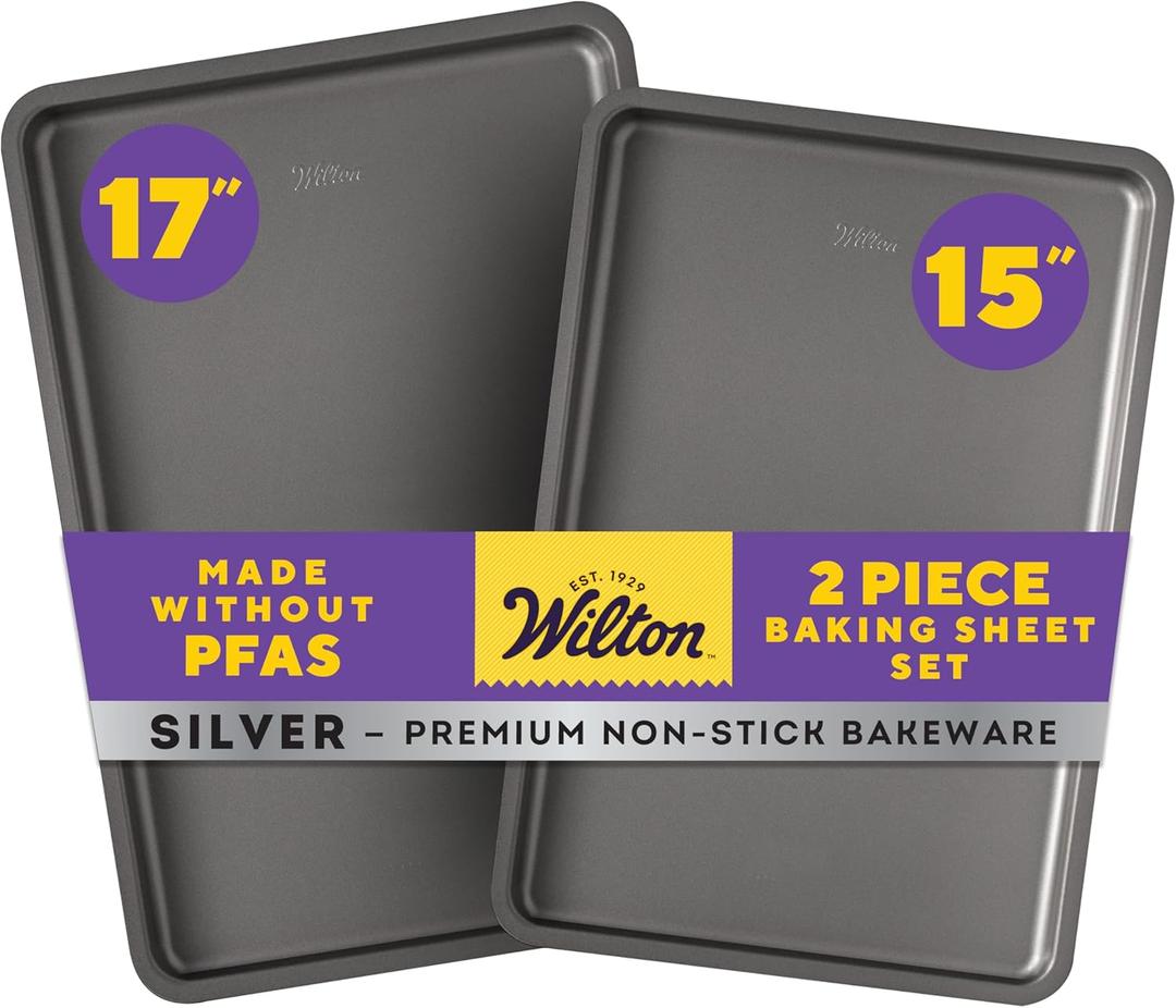 Wilton Silver 2- Piece Non-Stick Baking Sheet Set, Cold-Rolled Steel Bakeware for Baking and Roasting, Made without PFAS
