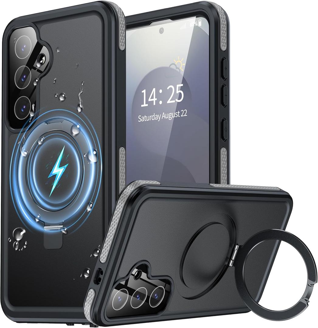 Magnetic And Stand For Samsung Galaxy S25 Plus Case, Waterproof Built-In Screen Protector Fit For Magsafe Invisible Kickstand 360 Full Body Sealed Protective Dustproof Shockproof Case Black