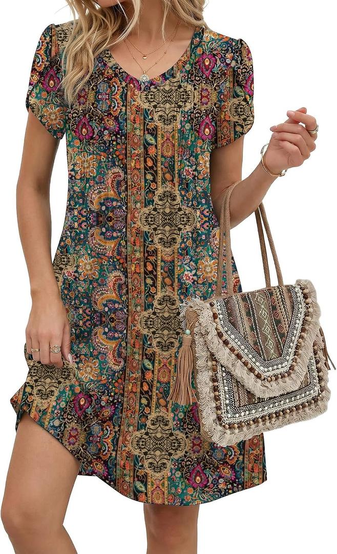Zeagoo Summer Dresses for Women Casual A Line Dress 2026 V Neck Short Dresses Floral Sundress Pleated Boho Dress (L)