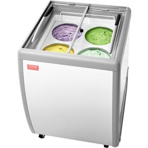 VEVOR Commercial Ice Cream Display Case, 5.6 Cu.ft Chest Freezer, Restaurant Gelato Dipping Cabinet Top Deep Freezer with Locking Casters, Sliding Glass Door, LED Lighting, Hold 4 Ice Cream Tubs