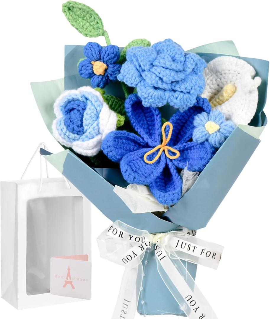Crochet Flower Bouquet Blue, Handmade Crochet Flowers Bouquet, Knitted Floral Gift for Her, with Gift Box, Bag and Card