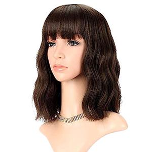 FAELBATY Short Brown Wigs With Bangs Shoulder Length Wig For Women Curly Wavy Synthetic Cosplay Wig for Women Costume Wigs (12" Natural Black Dark Brown Mix Color)