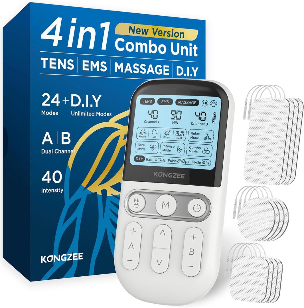 4 in 1 - D.I.Y & Tens Unit & EMS & Massage Muscle Stimulator, Dual Channel TENS Units Therapy Machine for Pain Relief, FDA Cleared Rechargeable Electronic Pulse Massager, with 12pcs Electrode Pads.