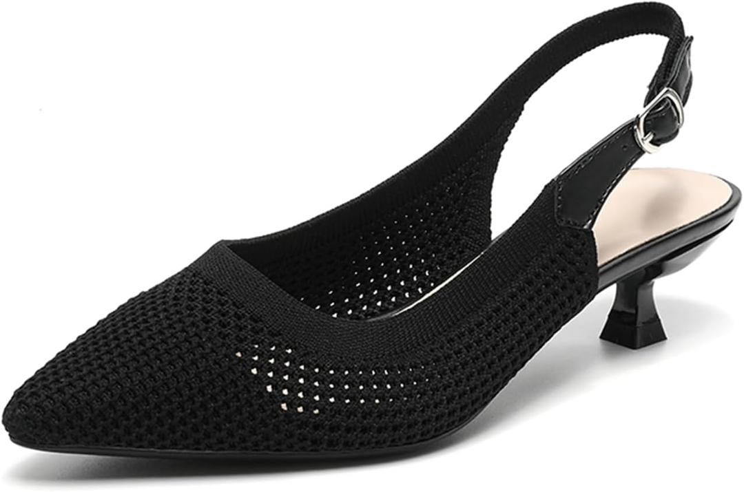 youngshow Womens Adjustable Slingback Heels, Pointed Toe Mid-Low Heel, Cute Knitted Slip On Work Pumps Dress Shoes (9, Black Suede)