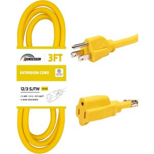 Extension Cord Weatherproof, UL Listed, 12 Gauge 3FT Yellow 3 Prong Heavy Duty, 12/3 SJTW 15A Power Cord for Lights, Appliances, Lawn