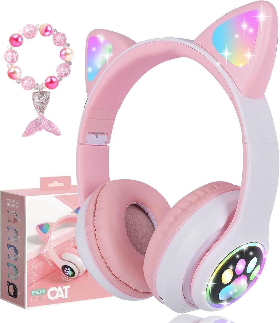 kuyaon Wireless Headphones for Kids, Cat Ear LED Light Up Bluetooth Kids Headphones with Microphone for School/Travel/Sports/Gaming/Gifts/Christmas (Pink)