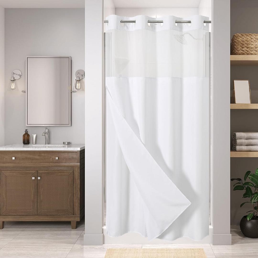 Eachope Stall No Hooks Needed Linen Textured Shower Curtain with Snap-in Fabric Liner Set,Hotel Luxury Decor Shower Curtains for Bathroom,Waterproof & Washable,60Wx74H,White