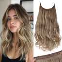 SARLA Invisible Wire Hair Extensions with 3 Clips Long Wavy Curly Synthetic Hairpiece for Women Adjustable Transparent Headband 18 Inch Dark Sand