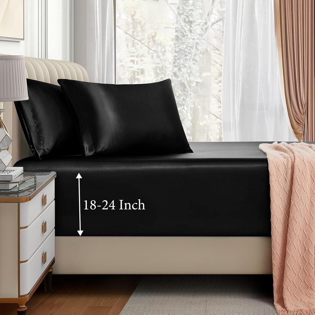 VACVELT 3pcs Extra Deep Pocket Satin Fitted Sheet Set Queen Bed Set, Black Bottom Sheet Fit 18-24 Inch Deep Pocket Mattress, Silky Bedding Set Soft & Ultra Deep Fitted Sheet & 2 Pillowcase, Black 