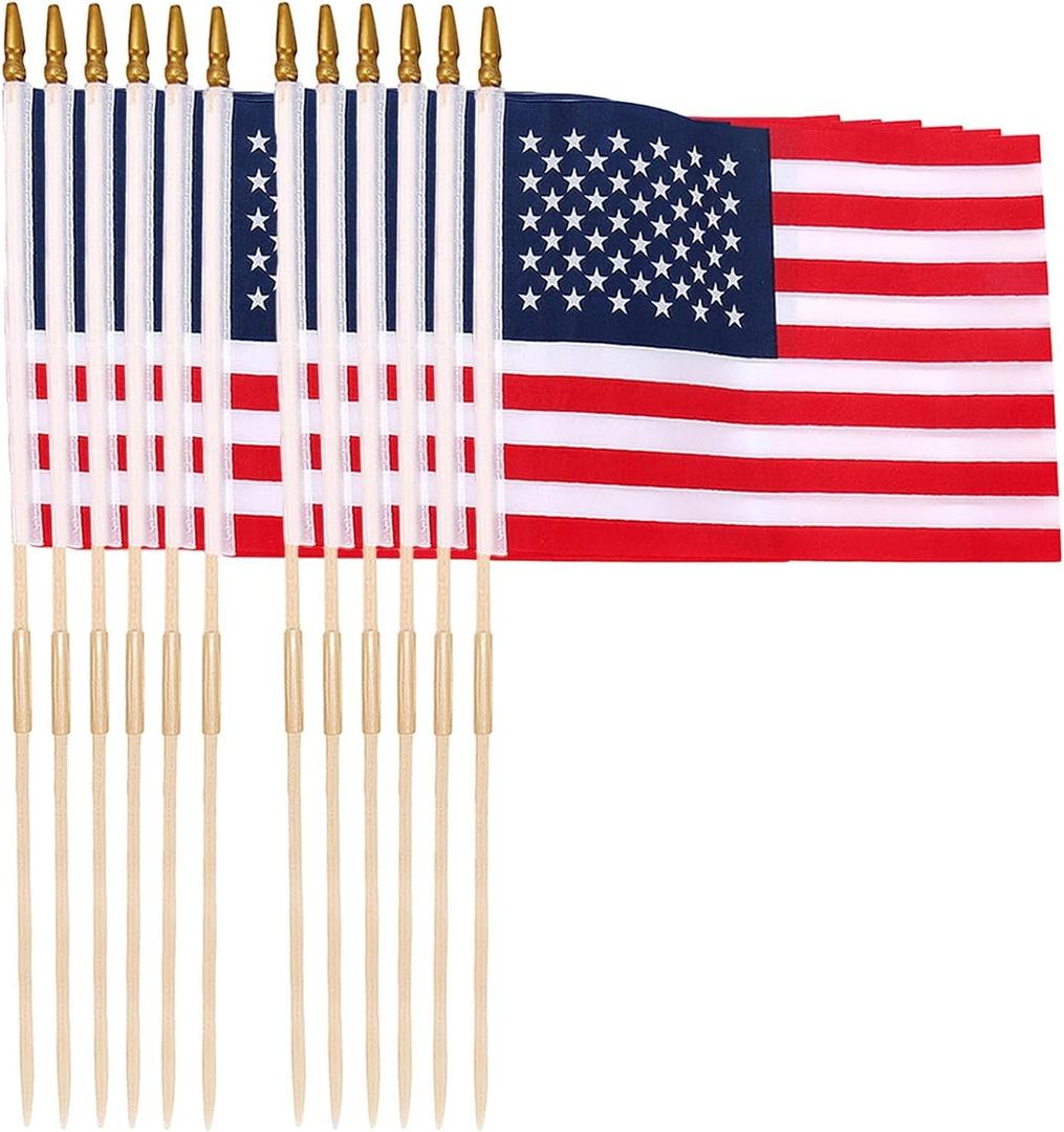 12 Pack 12x18 Inch American Flags for Outside on Stick, Vivid Color US Flags with Kid-Safe Spear Top, Patriotic 4th of July Decorations for Parades, Graves, Memorial Day, 250th Anniversary Yard Flags