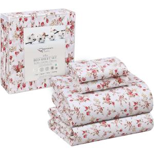 RUVANTI 100% Cotton Sheets  Full Size Percale Bedding, Cooling & Breathable Floral Design, Durable with a Crisp, Soft & Comfortable Feel, 16" Deep Pocket, 4-Piece Set, Bouquet