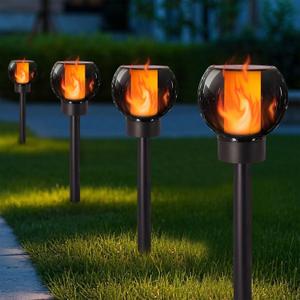 Dynaming 4 Pack Solar Torch Lights Outdoor, Flickering Flame Halloween Pathway Solar Globe Lights, Auto On/Off Garden Decorative Light, Waterproof for Landscape Lawn Patio Yard Walkway Deck Driveway