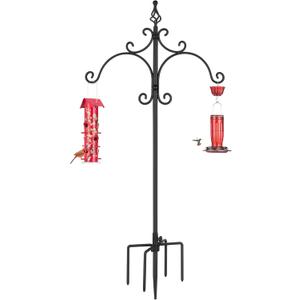 Kingsyard Double Shepherd Hooks for Outdoor - 60" Heavy Duty Decorative Bird Feeder Pole with 5-Prong Base, Adjustable Garden Pole for Hanging Bird Feeders Plants Solar Light Lantern, Black