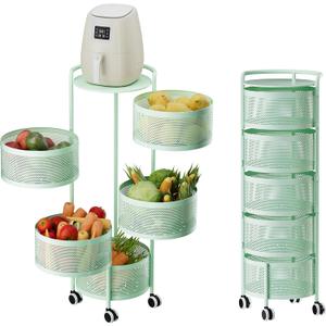JAQ Rotating Fruit Basket, 5-Tier Metal Sturdy Kitchen Storage Rack Shelf Carts No Assembly on Rolling Wheels for Fruit Vegetable Grocery Corns Potato Onion (5-Tier, Green), 13.38 inches x 13.38 inches x 36.22 inches
