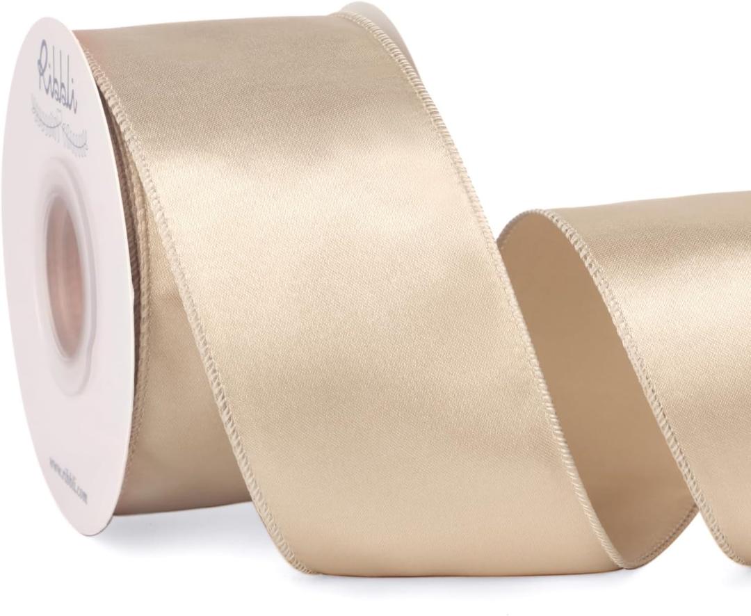 Ribbli Light Champagne Satin Wired Ribbon 2.5 Inch Champagne Christmas Ribbon for Gift Wrapping Wreaths Garland Tree Decoration Crafts Home Decor-Continous 20 Yards