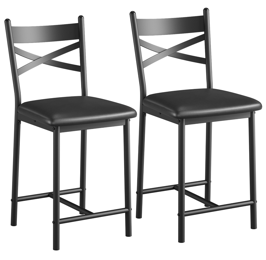 Garvee Bar Stools Set of 2, Counter Height Bar Stools with X Back and Thick Cushion, PU Leather, Metal Barstools for Kitchen Island Apartment Counter Bar, Black, 26in