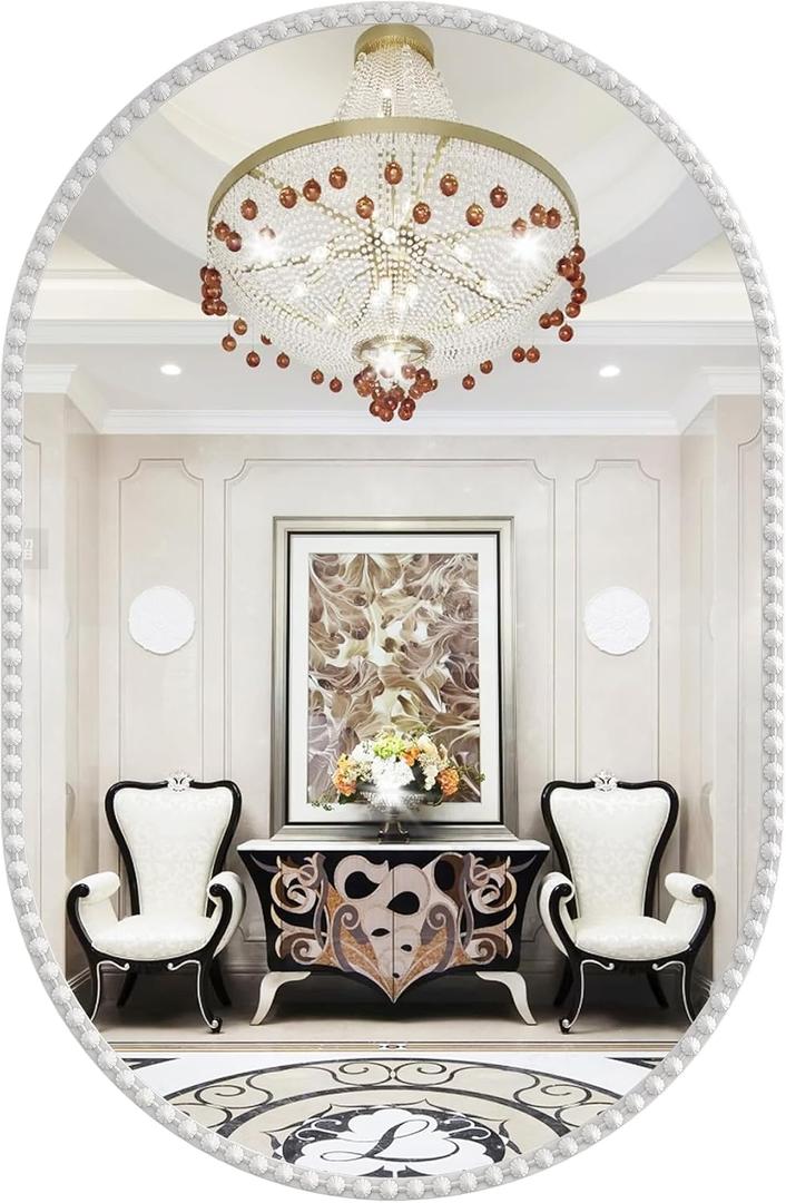 Oval Mirror for Wall, 24x36 Inch White Oval Bathroom Mirror, White Vanity Mirrors, Metal Floral Frame Mirror for Bedroom Living Room Hallway, Hangs Horizontally or Vertically