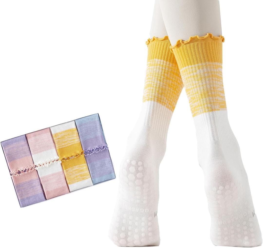 2/4 Pairs Pilates Socks with Grips for Women,Cute Grippy Yoga Non Slip Ruffle Sock for Ballet Barre Barefoot Hospital Workout