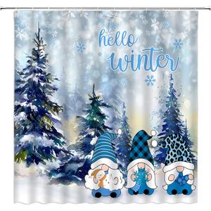 Christmas Gnome Shower Curtain Winter Forest Xmas Snowflake Hello Blue Winter Snowy Pine Tree Holiday Fabric Bathroom Curtain Set with Hooks(70" WX70 H)