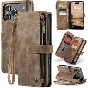 Case Compatible with iPhone 17 Pro Max, PU Leather Wallet Case Leather Card Holder Folding Magnetic Closure Anti-Shock, Book Type Flip Case for iPhone 17 Pro MAX - Brown