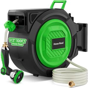 Retractable Garden Hose Reel, 1/2 in x 100 ft Automatic Slow Rewind System & Any Length Lock, Heavy Duty Wall-Mounted Hose Reel with 180° Swivel Bracket,10-Pattern Nozzle for outside Watering,Cleaning