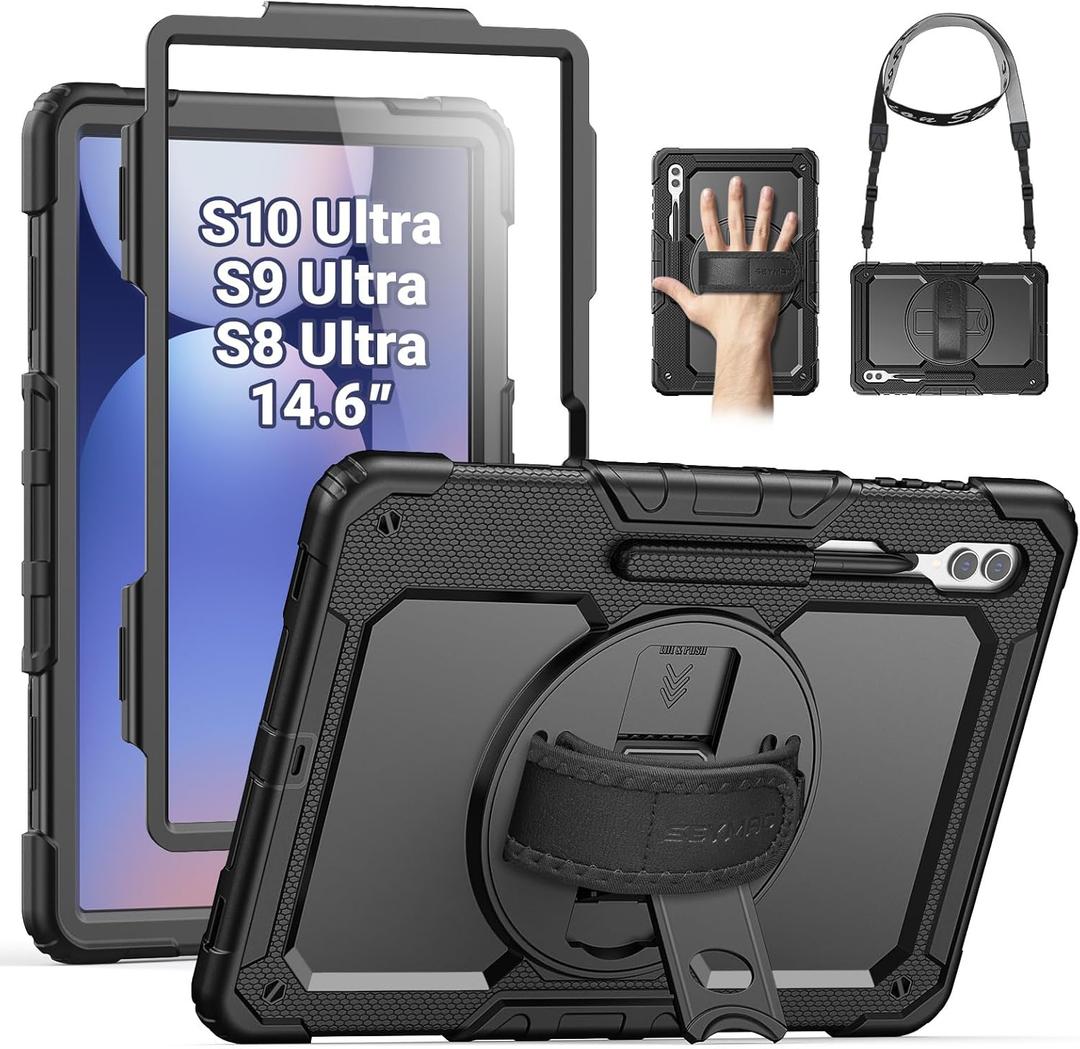 SEYMAC for Samsung Galaxy Tab S10 Ultra 2024/ S9 Ultra/ S8 Ultra Case 14.6 Inch, Heavy Duty Shockproof Protective Case with Screen Protector, Stand, Hand/Shoulder Strap and Pen Holder, Black