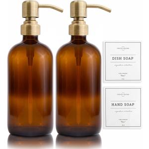 Vine Creations Amber Glass Soap Dispenser, 2 Pack Kitchen Soap Dispenser Set with Stainless Steel Pump, 16 oz Dish Soap and Hand Soap Dispensers for Bathroom with Waterproof Labels (Amber Bottle / Brushed Brass Pump)