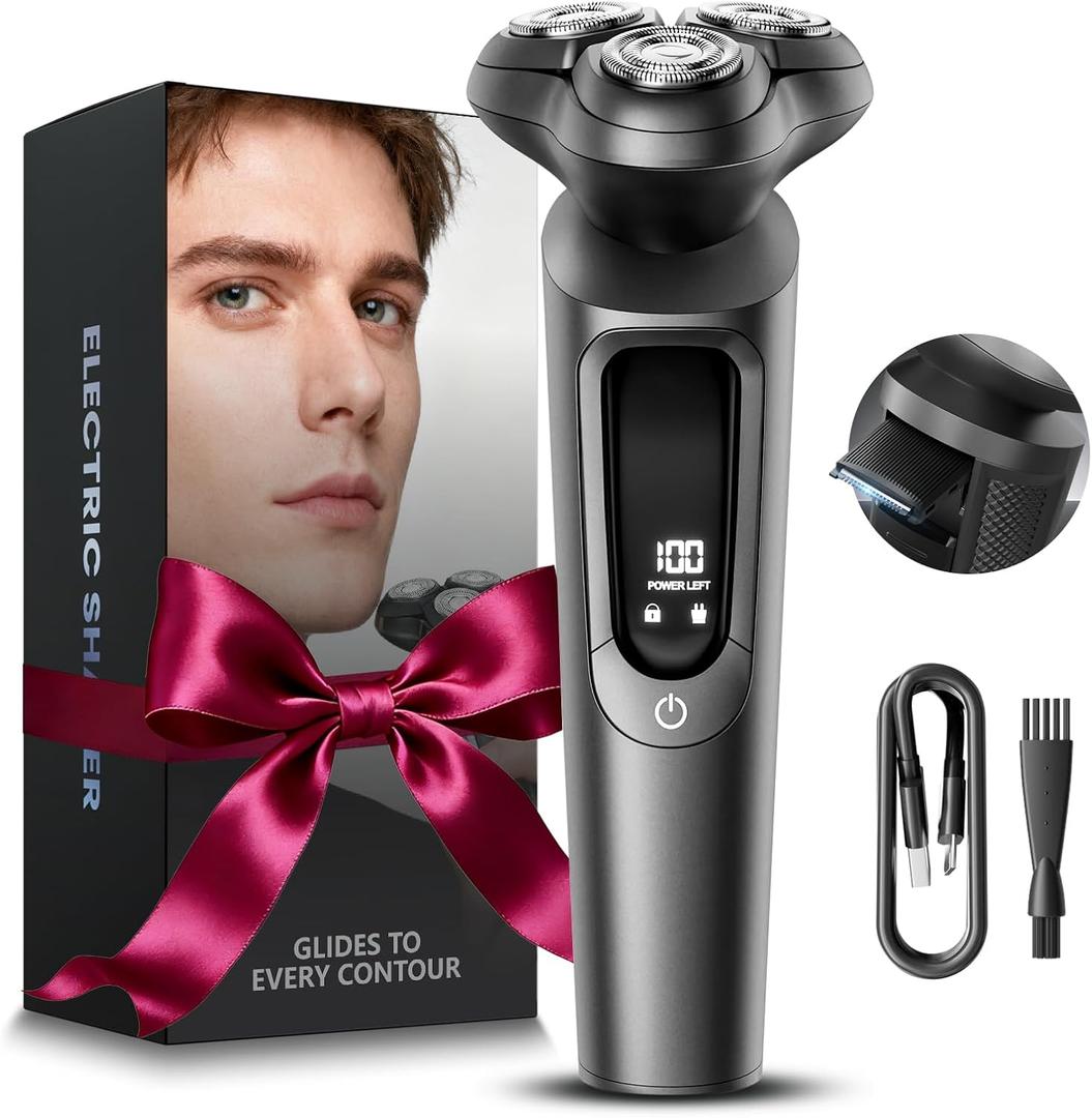Electric Razor for Men, IPX8 Waterproof with Type-C Quick Charge, 3D Flex Blades & Pop-Up Trimmer, 90 min Runtime, Travel Lock, Wet & Dry Shave,Gray Valentines Day Gifts for Him