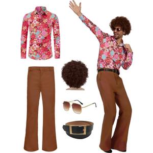 70s Disco Outfits for Men 70's Retro Clothes Shirt Bell Bottom Pants Vintage Hip Hop Costume with Wig Accessories (Large, Orange Floral)
