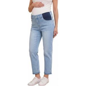 BLENCOT Women Maternity Jeans Elastic Waist Pregnancy Pants Work Straight Leg Ankle Jean Pockets (XX-Large, Beau Blue)