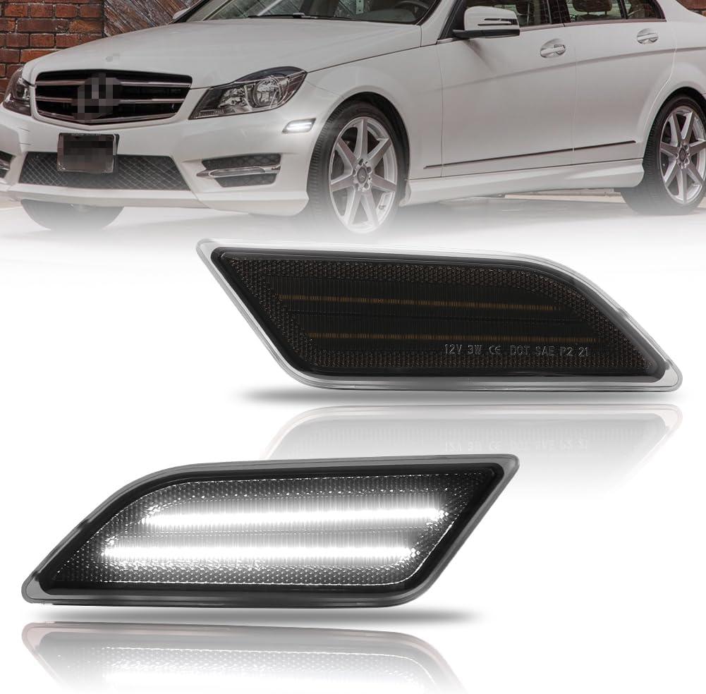 Front Fender LED Side Marker Lights for 2012-2014 Mer-cedes Ben-z W204 LCI C250 C300 C350 C-Class, Smoked Lens Side Bumper Marker Lamps, White LED Side Markers Turn Signal Lights, 2 PCS