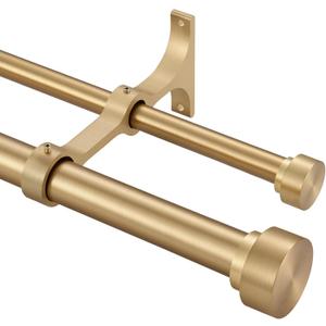 Kemmie Heavy Duty Double Curtain Rods with Cylindrical Cap Finials 72 to 144 Telescoping Rod 1 Inch Diameter Front Rod and 5/8 Inch Diameter Back Rod Window Drapery Rods, Warm Gold