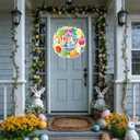 3 x Easter Decoration Wooden Wreath for Front Door Sign Happy Easter Bunny Eggs Spring Decoration, Rabbit Sign Welcome Hanging Wall Signs for Home Wall Decor Party Outdoor Indoor