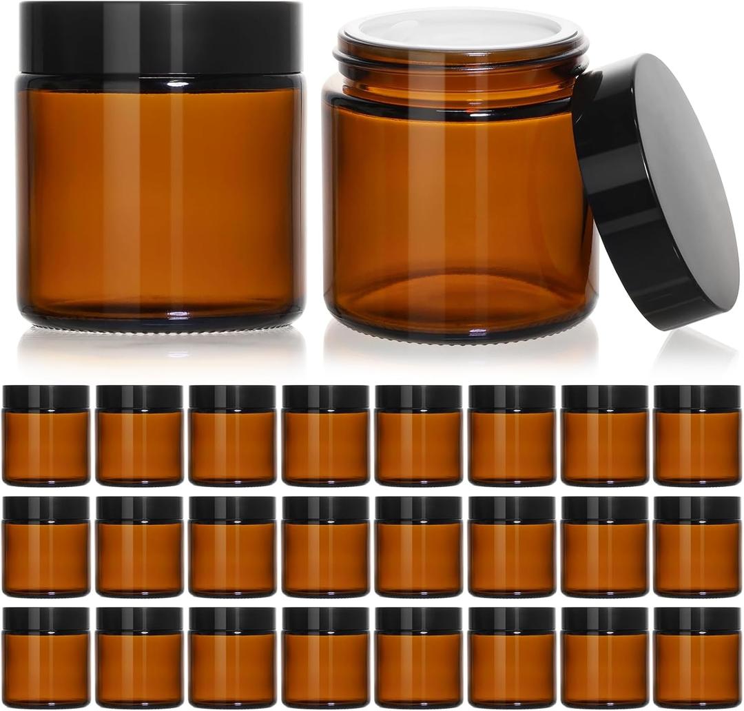 KEYWING 4oz Small Glass Jars with Black Lids, 24 Pack Amber Empty Cosmetic Containers Round Glass Jar with Inner Liners for Lotions, Powders and Ointments