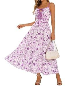 GRACE KARIN 2026 Women's Summer Maxi Dresses, Tie Front Floral Boho Dress, Spaghetti Strap Sundress with Pockets, Purple XL