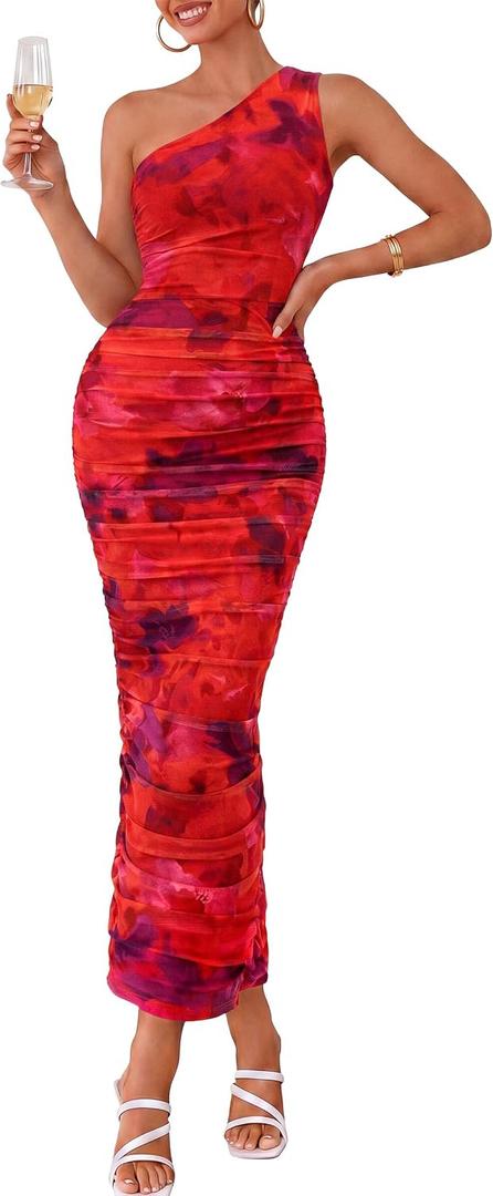 PRETTYGARDEN Wedding Guest Dresses for Women Summer 2026 One Shoulder Ruched Mesh Bodycon Cocktail Beach Floral Maxi Dress (M)