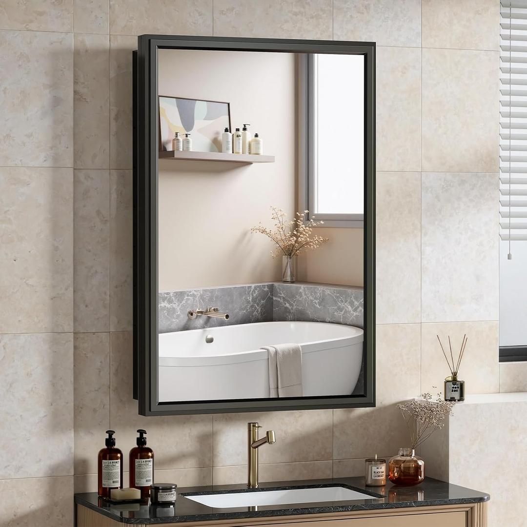 16x24 Inch Medicine Cabinet Mirror for Bathroom Recessed Medicine Cabinet with Mirror or Surface Wall-Mounted Aluminum Alloy Framed Bathroom Cabinet Mirror Black Metal