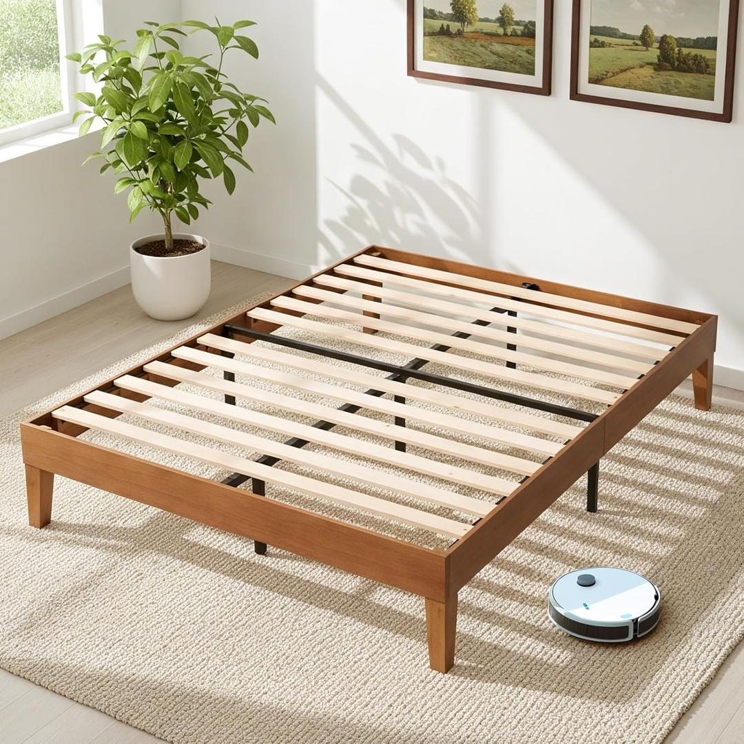 Sweetcrispy Solid Wood Bed Frame, Full Size Bed Base with Wood Slat Support, Sturdy, Stylish & Noise-Free Design, No Box Spring Needed, Easy Assembly, Dark Brown (Rust)