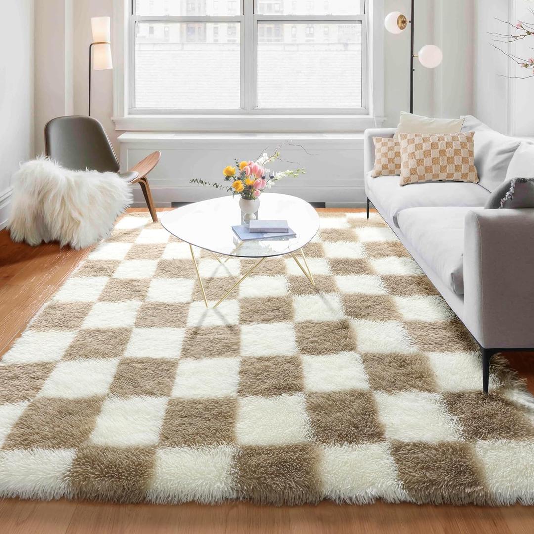 KICMOR Rugs for Living Room, 5x8 Fluffy Soft Beige and Cream White Checkered Shag Area Rug Large Fuzzy Shaggy Bedroom Carpet, Plush Rug for Kids Boys Girls Teen Dorm Nursery Home Decor Aesthetic (5 x 8 Feet, Beige / Cream White)