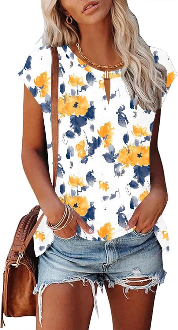 Kistore Women's Summer Casual V Neck Tank Tops Cap Sleeve Loose Fit Blouses Tunic Shirts (L)