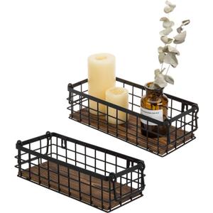 MyGift Wall Mounted or Tabletop Rustic Black Metal Wire and Burnt Wood Small Decorative Storage Baskets with Handles, Set of 2