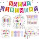 142pcs Happy Birthday Party Supplies Set with Colorful Polka Dots Design- Includes Disposable Paper Birthday Plates and Napkins, Cups, Tablecloth, and BannerDots Party Supplies Serves 20 Guests