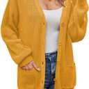 QUALFORT Women’s 100% Cotton Knit Cardigan Sweater – Oversized Fit, Button-Down Open Front, with Pockets, Large