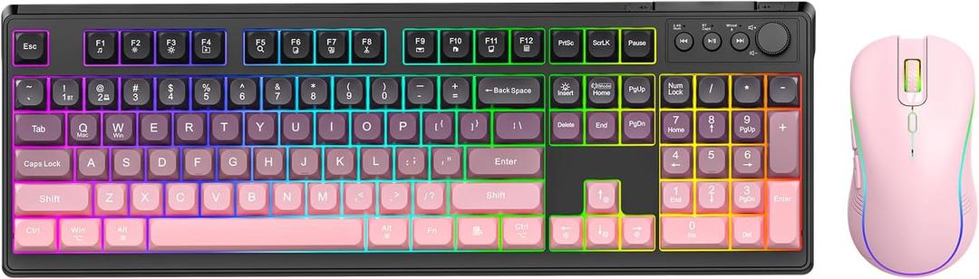 Wireless Keyboard and Mouse Combo, RGB Backlit Rechargeable 2000 mAh Battery, Wireless Computer Keyboards, Tri-Mode Bluetooth/2.4GHz/USB-C Custom Creamy Keyboard, RGB Backlit Media Knob (White-Pink)